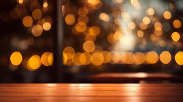 Cleanse wooden table beat with lights bokeh on cloud burger joint establishment. Creative resource, photo