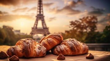 encantador francés croissants en nostálgico Fundación de eiffel torre, París. creativo recurso, ai generado foto