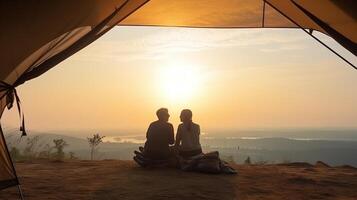 Man and Plenteous woman couple appreciate in they tent at they camping point with morning to start with light see. Creative resource, photo