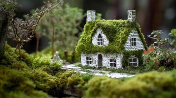 A paper private settled on a bed of greenery in a make, appearing an eco-friendly house. Creative resource, photo