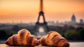 Delightful french croissants on nostalgic foundation of Eiffel tower, Paris. Creative resource, photo