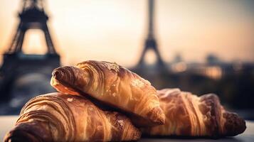 encantador francés croissants en nostálgico Fundación de eiffel torre, París. creativo recurso, ai generado foto