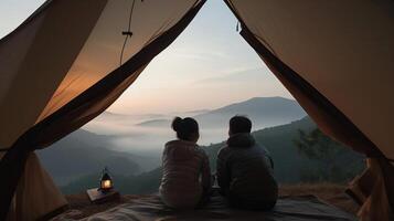 hombre y joven dama Pareja apreciar en ellos tienda a ellos cámping punto con Mañana amanecer ver. creativo recurso, ai generado foto