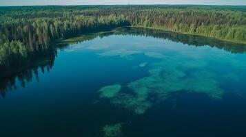 Airborne see of blue water lake and green summer woods in Finland. Creative resource, photo