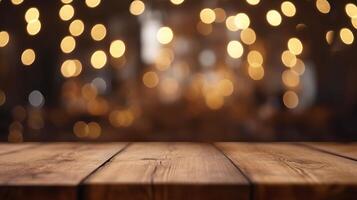 Cleanse wooden table beat with lights bokeh on cloud burger joint establishment. Creative resource, photo