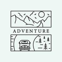 línea Arte aventuras icono logo diseño, montaña y coche vector diseño.