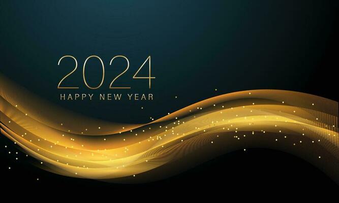 2024 New year with Abstract shiny color gold wave design element and glitter effect on dark background. For Calendar, poster design
