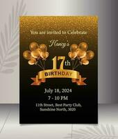 luxury birthday invitation with golden glitter and balloons for birthday party vector illustration