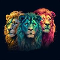 Tres de colores leones arte, león cabeza ilustración, ai generativo foto