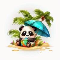 cute lazy panda sitting on ground on the beach eating under umbrella in the summer, photo