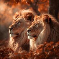 majestic brother lions setting in woods under sunset, ai generative photo