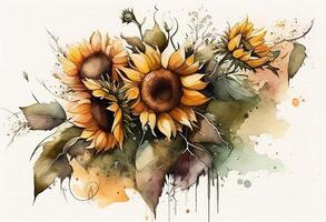 sunflower buquet watercolor painting in earthy tones, abstract art of flowers, photo