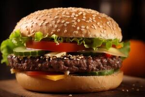 hamburguesa, rápido alimento, con vegetales y queso ai generado foto