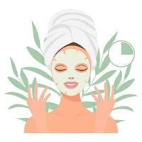 Facial skin care. A woman takes care of her skin. Cosmetic masks, patches, cream, lotion, soap, face scrub. Illustration, vector