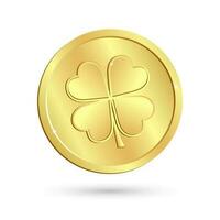 Gold coin with clover leaf, shamrock. St. Patrick's Day. Traditional Irish symbol, mascot, icon, vector