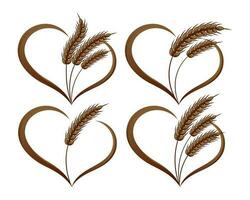 Abstract icons of spikelets of wheat with heart, set. Logos, badges, decor elements, vector