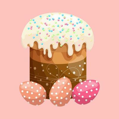 Easter cake with icing and colored Easter eggs. Colorful easter illustration, greeting card, vector