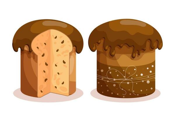 Easter cake set. Cakes with icing, whole and sliced. Easter icons, decor elements, vector