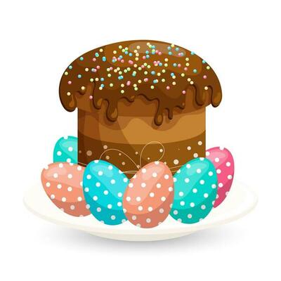Easter cake with icing and colored Easter eggs. Colorful easter illustration, greeting card, vector