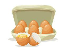 Fresh eggs in a cardboard container and a broken egg, chicken eggs in a box. Food illustration, vector