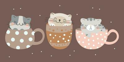 Cute cartoon cats in cups, set. Children's print, vector