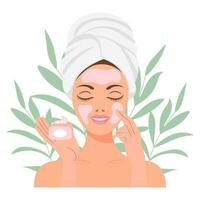 Facial skin care. A woman takes care of her skin. Cosmetic masks, patches, cream, lotion, soap, face scrub. Illustration, vector