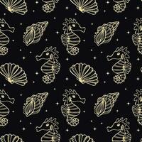 Seamless pattern of golden sea shells and seahorses on a black background with stars. Mystical background, textile, vector