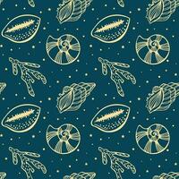 Seamless pattern of golden sea shells and corals on a blue background with stars. Mystical background, textile, vector