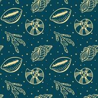 Seamless pattern of golden sea shells and corals on a blue background with stars. Mystical background, textile, vector