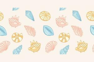 Seamless pattern of sea shells in pastel colors on a pale pink background. Seamless border. Vector