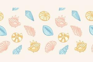 Seamless pattern of sea shells in pastel colors on a pale pink background. Seamless border. Vector