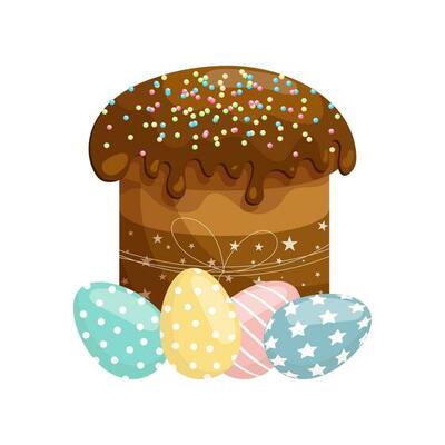 Easter cake with icing and colored Easter eggs. Colorful easter illustration, greeting card, vector