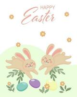 Cute Easter bunnies and Easter eggs in the meadow. Easter card, cartoon style illustration, vector