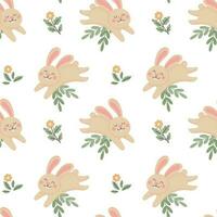 Seamless pattern, cute jumping Easter bunnies and flowers with leaves on a white background. Background in cartoon style, textile, vector