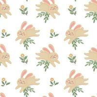 Seamless pattern, cute jumping Easter bunnies and flowers with leaves on a white background. Background in cartoon style, textile, vector