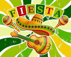 Colorful Cinco de Mayo banner with Mexico symbols, tacos, guitar, sombrero and maracas. Illustration, poster, vector