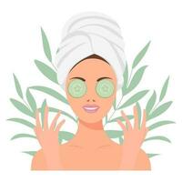 Facial skin care. A woman takes care of her skin. Cosmetic masks, patches, cream, lotion, soap, face scrub. Illustration, vector