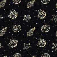 Seamless pattern of golden sea shells and seahorses on a black background with stars. Mystical background, textile, vector