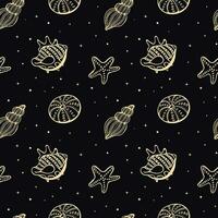 Seamless pattern of golden sea shells and seahorses on a black background with stars. Mystical background, textile, vector