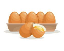 Fresh eggs in a cardboard container and a broken egg, chicken eggs in a box. Food illustration, vector