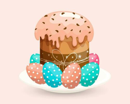 Easter cake with icing and colored Easter eggs. Colorful easter illustration, greeting card, vector