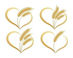 Abstract icons of spikelets of wheat with heart, set. Logos, badges, decor elements, vector
