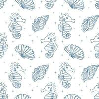 Seamless pattern with contour blue shells and seahorses on a white background. Marine background, textile, vector