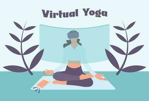 mujer haciendo virtual yoga plano personaje vector