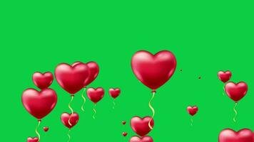 rood hart vorm ballon vliegend omhoog animatie Aan groen scherm achtergrond, liefde ballon vliegend omhoog geanimeerd chroma sleutel video. video