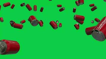 3D Realistic animation of the red color aluminum soft drink cans falling down on green screen background video