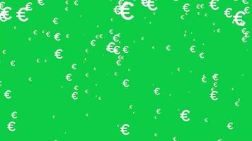 europäisch Euro Zeichen Symbol fallen Nieder Animation auf Grün Bildschirm Hintergrund, Regen von Euro Symbole Symbol Chroma Schlüssel Video. video