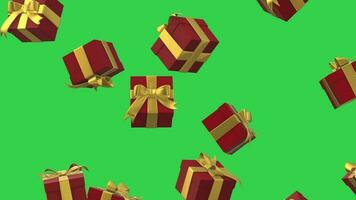 veel van 3d rood geschenk doos drijvend in lucht Aan groen scherm achtergrond lus video 4k beeldmateriaal