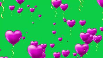 roze kleur hart vorm ballonnen vliegend omhoog animatie Aan groen scherm achtergrond, liefde ballon vliegend omhoog geanimeerd chroma sleutel video