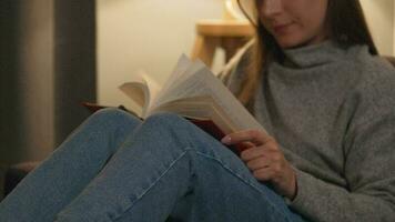 mujer acostado en el sofá en un acogedor habitación y leyendo libro en el noche video